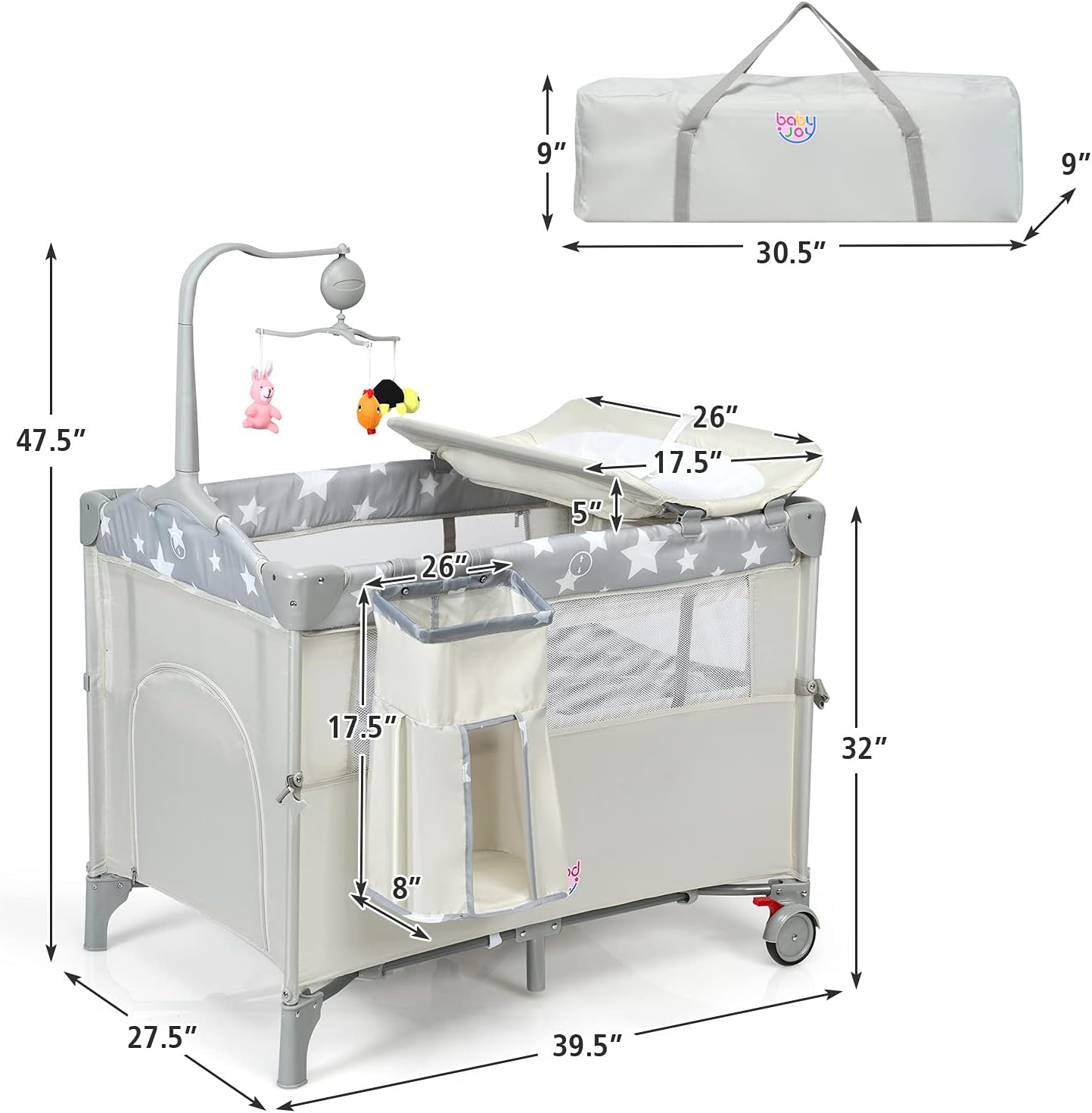 HONEY JOY Pack and Play with Bassinet, 5-in-1 Baby Bedside Sleeper w/Diaper Changing Table & Storage Bag, Toy Arch & Music Box, Detachable Side Rail, Portable Baby Play Yard w/Carry Bag(Gray)