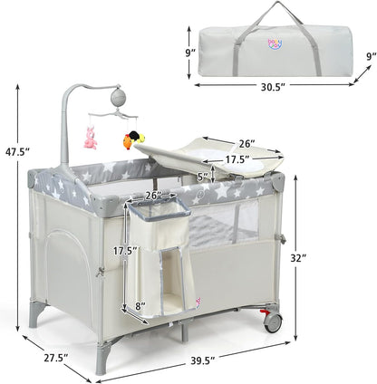 HONEY JOY Pack and Play with Bassinet, 5-in-1 Baby Bedside Sleeper w/Diaper Changing Table & Storage Bag, Toy Arch & Music Box, Detachable Side Rail, Portable Baby Play Yard w/Carry Bag(Gray)