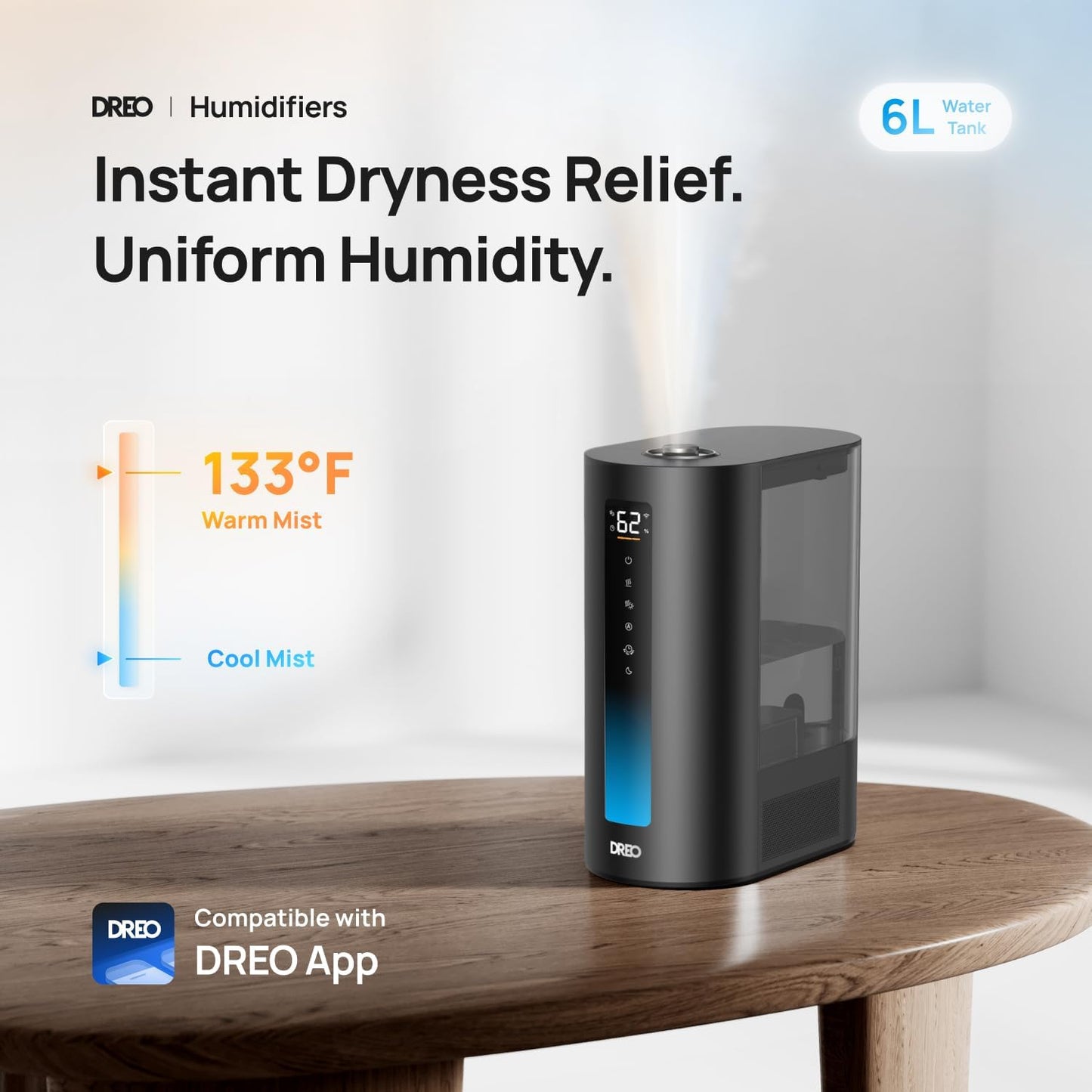 DREO 6L Humidifiers for Bedroom, Smart Warm & Cool Mist for Large Room, 60Hr Quiet Runtime for Baby, Plant, Humidity Sensor, Indicator Light, 12H Timer, Google/Alexa, HM713S