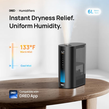 DREO 6L Humidifiers for Bedroom, Smart Warm & Cool Mist for Large Room, 60Hr Quiet Runtime for Baby, Plant, Humidity Sensor, Indicator Light, 12H Timer, Google/Alexa, HM713S