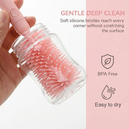 6 In1 Baby Bottle Brush Kit,Portable Silicone Bottle Brush Cleaner Set with Straw Brush,Nipple Brush,Drying Rack,Soap Dispenser,Storage Bag for Travel or Home,Compact&Space-Saving(Pink)