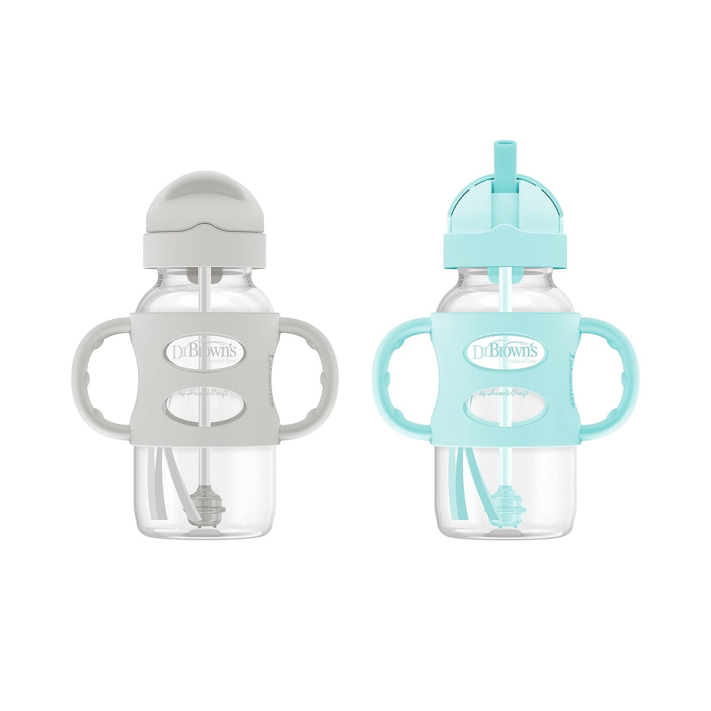 Dr. Brown's Milestones Wide-Neck Sippy Straw Bottle, Spill-Proof with 100% Silicone Handles and Weighted Straw, 9 oz/270 mL, Gray & Pink, 6m+, 2-Pack