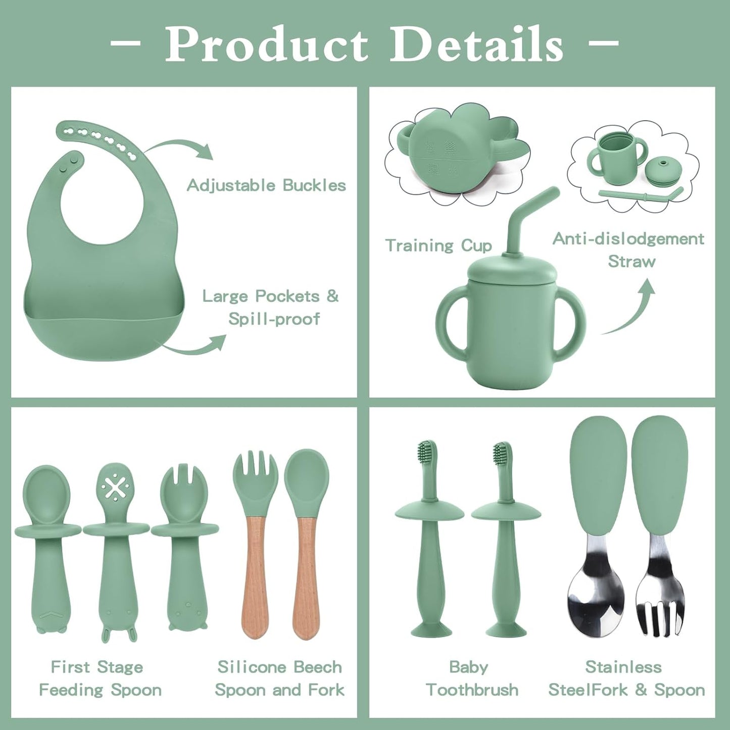 Silicone Feeding Set, 13PCS Baby Feeding Essentials with Suction Bowl & Plate, Spoons & Forks, Bib & Cup, Toothbrush, Baby Led Weaning Supplies for 6+ Months, Eating Essentials (Blue)