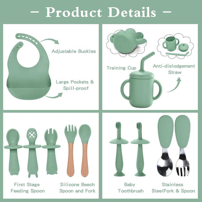 Silicone Feeding Set, 13PCS Baby Feeding Essentials with Suction Bowl & Plate, Spoons & Forks, Bib & Cup, Toothbrush, Baby Led Weaning Supplies for 6+ Months, Eating Essentials (Blue)