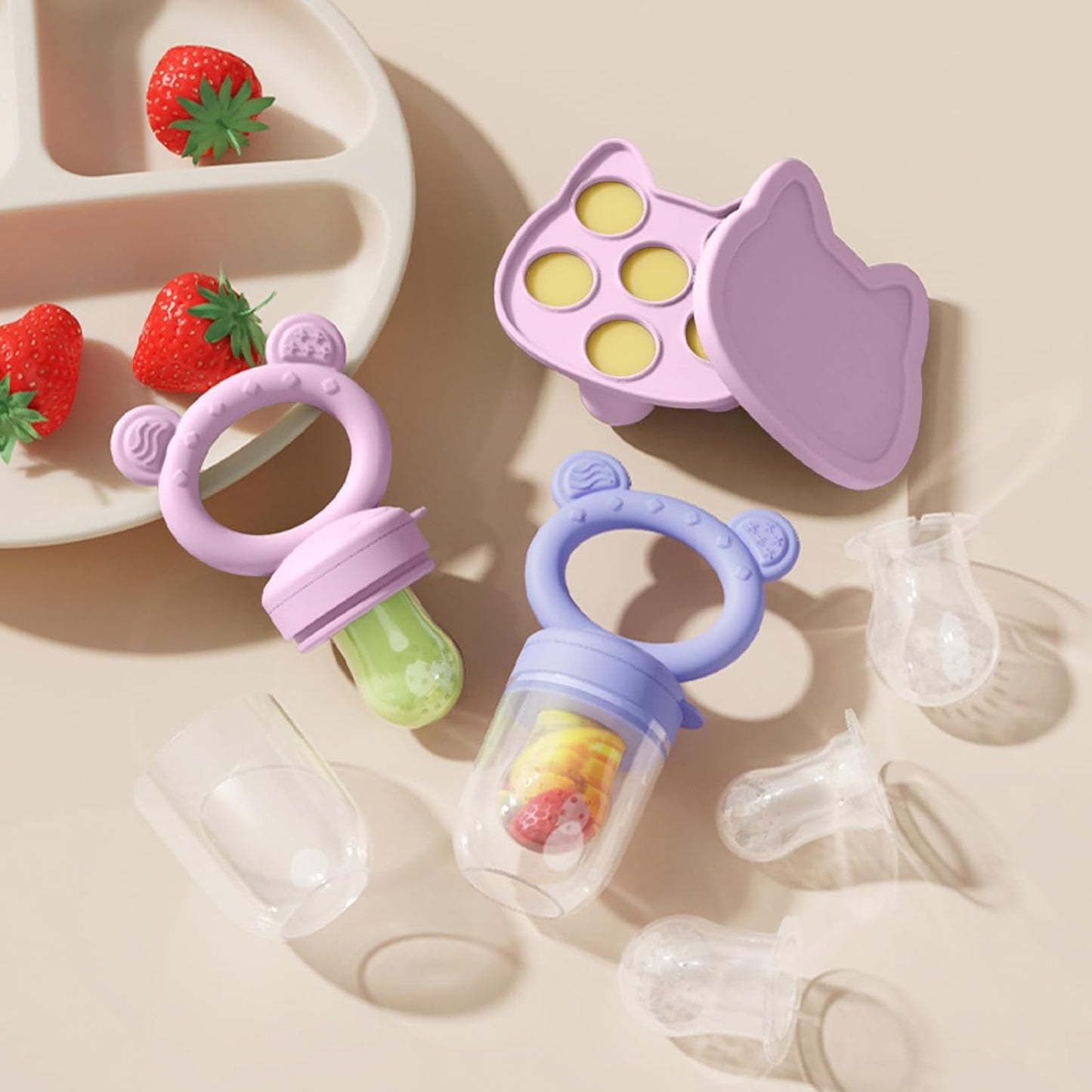 WAJIAYON Baby Breastmilk Popsicle Molds & Baby Fruit Feeder (4 Pack), Infant Food Freezer Tray Storage Containers, Silicone Teething Pacifier Feeder and Teether for Babies,Boys and Girls-Pink&Purple