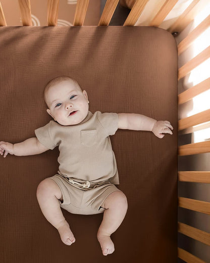 Blissful Diary Muslin Bassinet Sheets for Baby Girls Boys, Boho Soft Cotton Fitted for Oval Hourglass Rectangle Mattress, 2 Pack(Sunshine&Brown)