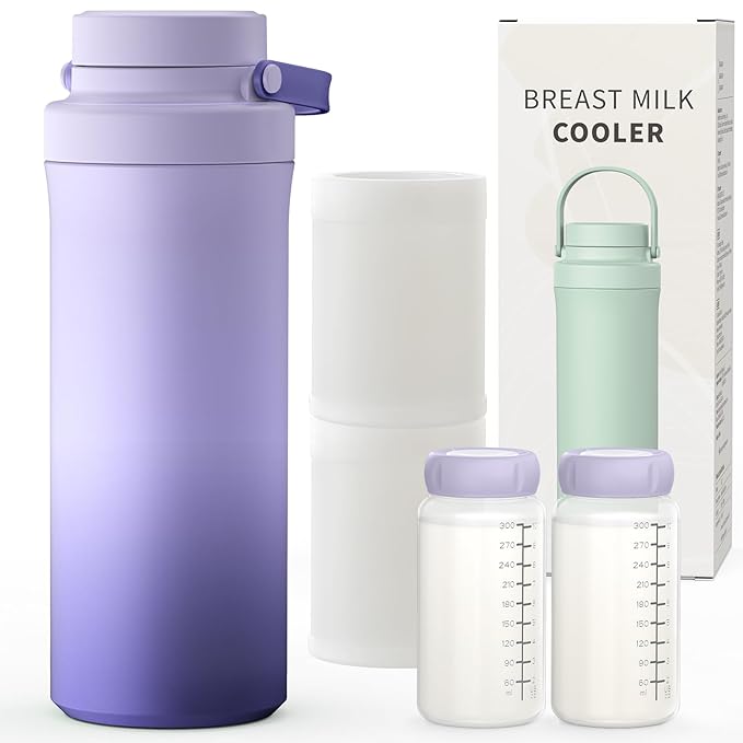 XAPROO 22oz Breast Milk Cooler Bottle, Portable Milk Cooler for Breastmilk with 360°Cooling for 24 Hours, Milk Chiller with 2pcs Baby Bottles, Breastmilk Storage Bags for Baby, BPA-Free (Purple)