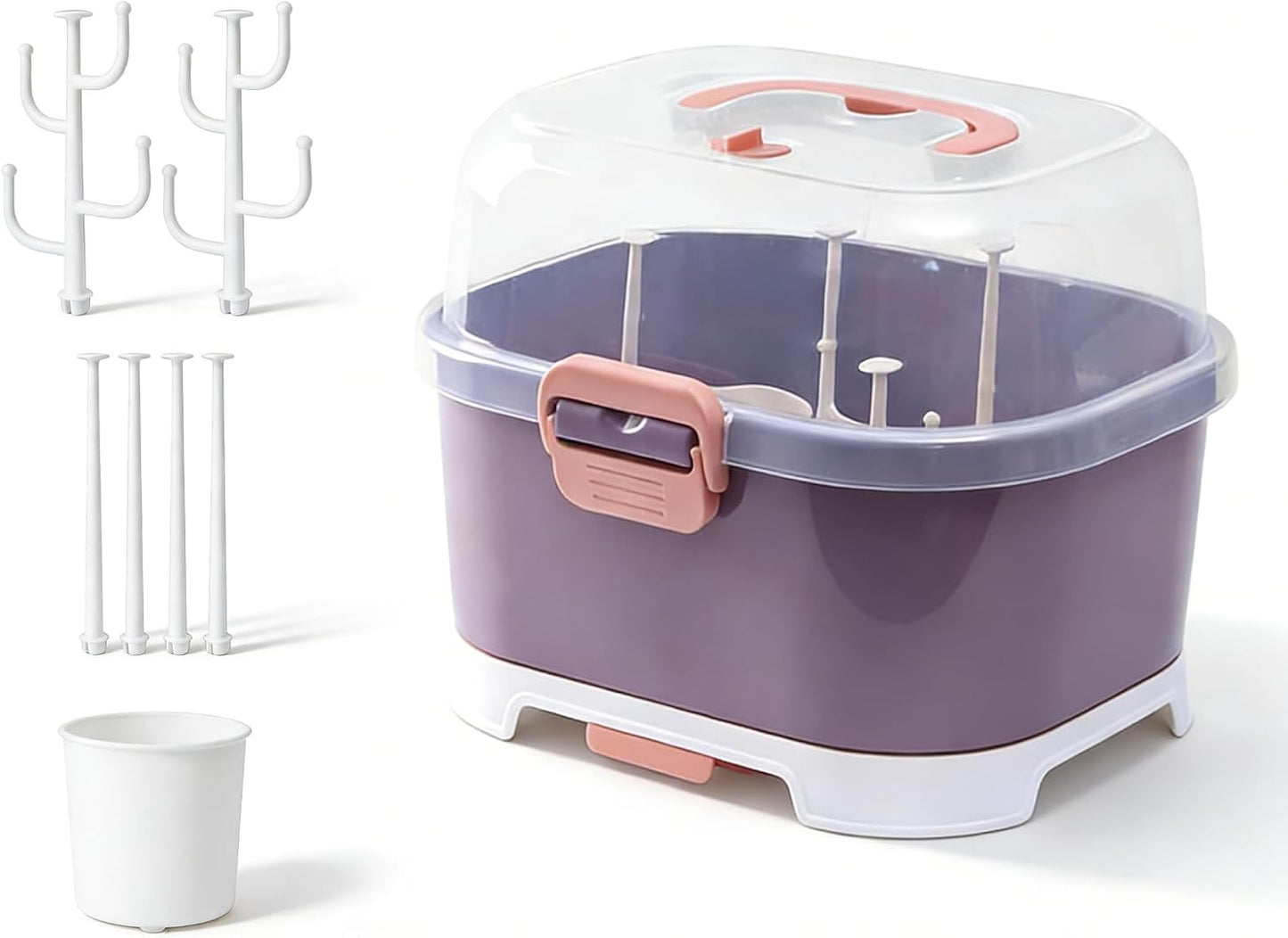 Baby Bottle Drain Rack, Feeding Cup Holder, Portable Large Capacity Toddler Bottles Storage Box with Lid Cover, Multifunctional Anti Dust Cutlery Storage Drying Rack for Teats, (Purple)