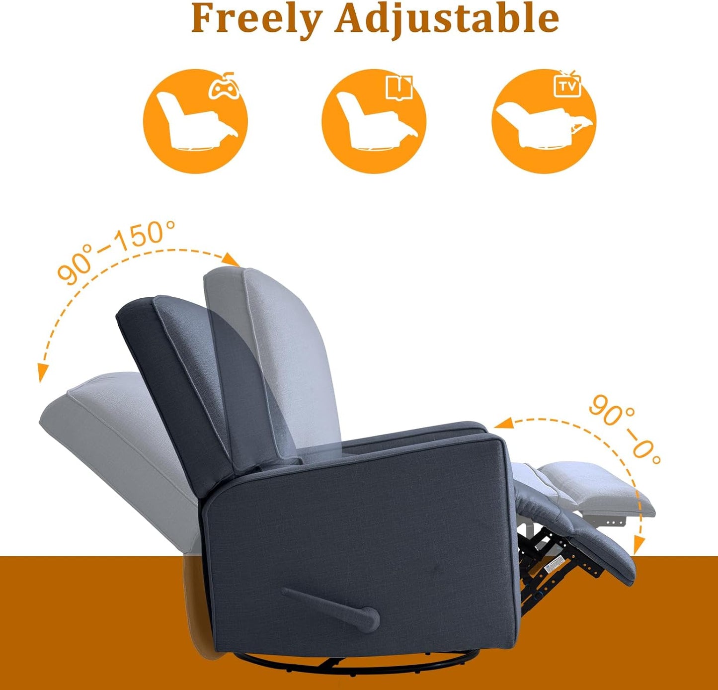 Swivel Rocker Recliner Chair for Adults, High Back Fabric Recliner with Deep Seat, Manual Glider for Living Room & Nursery, Grey