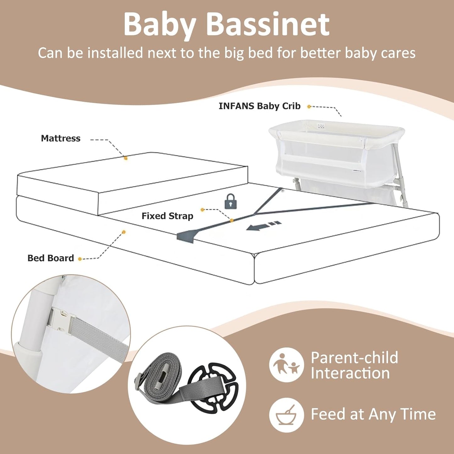INFANS Over Bed Bassinet for Baby, Bedside Sleeper with Lowering Wall for Easy Access, Safe Close Sleeping, Adjustable Height, Storage, Newborn Infant Girls Boys (White)