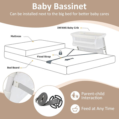 INFANS Over Bed Bassinet for Baby, Bedside Sleeper with Lowering Wall for Easy Access, Safe Close Sleeping, Adjustable Height, Storage, Newborn Infant Girls Boys (White)