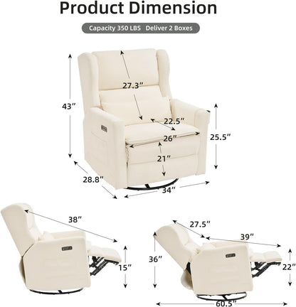 Large Glider Rocker Recliner,Rocking Chair Nursery with Adjustable Headrest,Swivel Rocker Recliner with Lumbar Support,Manual Nursery Rocker Recliner for Living Room& Bedroom,Chenille White