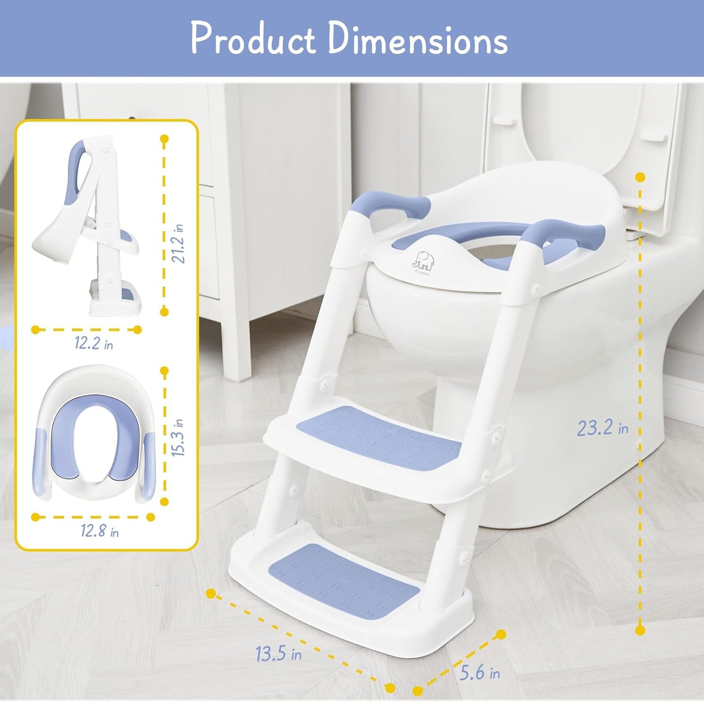 Forbena Potty Training Toilet Seat with Step Stool Ladder, Toddler Kids Potty Seat for Boys Girls, Non Slip Foldable Toilet Training Seat with Soft Cushion, Comfortable Handles (White-Grey)