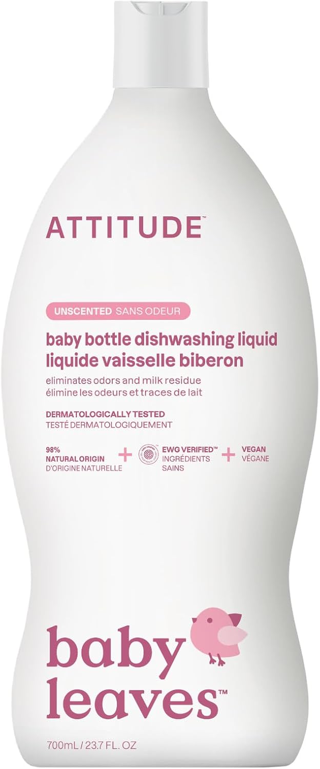ATTITUDE Baby Bottle & Dish Soap, EWG Verified Bottle Cleaner, Fragrance Free & Dye Free, Removes Milk Residue & Grease, Vegan, Bulk Refill, Unscented, 67.6 Fl Oz