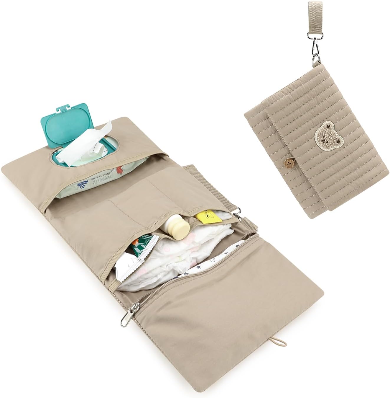 MOMIGO Baby Diaper Bag Organizer Pouches Waterproof Mini Diaper Bag - 2 pcs/set Foldable Hanging Bag Reusable, Washable or Cloth Diapers, with Gift for Baby Shower (Khaki（A）)