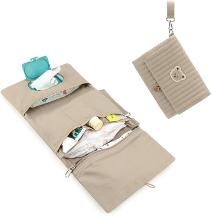 MOMIGO Baby Diaper Bag Organizer Pouches Waterproof Mini Diaper Bag - 2 pcs/set Foldable Hanging Bag Reusable, Washable or Cloth Diapers, with Gift for Baby Shower (Khaki（A）)