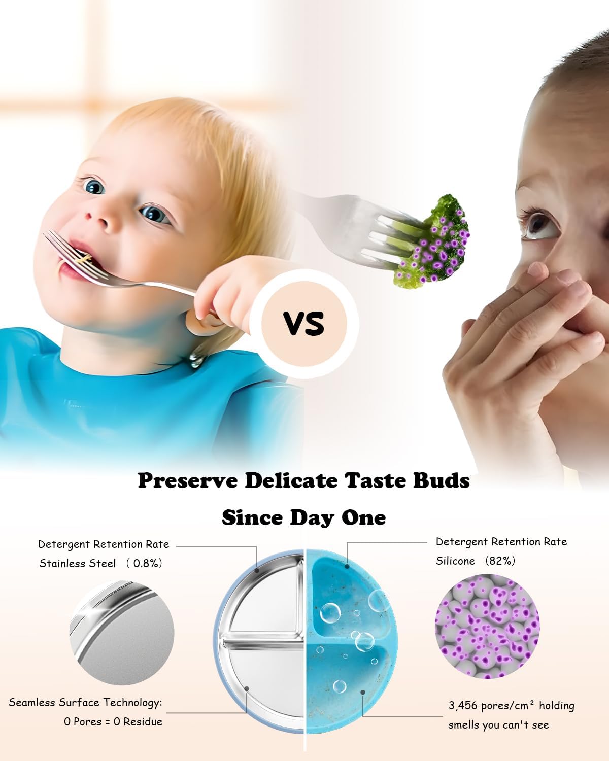 Bakpoco Stainless Steel Toddler Plate with Suction, 9” Divided Plates with Removable Silicone Sleeves for Kids, Non Toxic & BPA Free | Non Slip | Unbreakable Baby Snack Dishes Set of 2, Blue & Gray