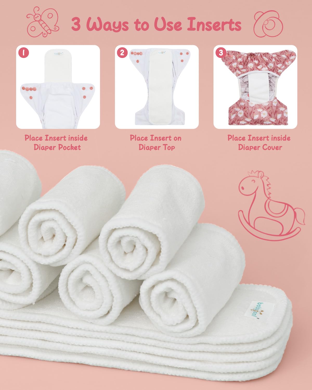 Babygoal Reusable Cloth Diaper Inserts Pack of 12, Absorbent & Breathable Liners, 3-Layer Microfiber Inserts for Cloth Diapers