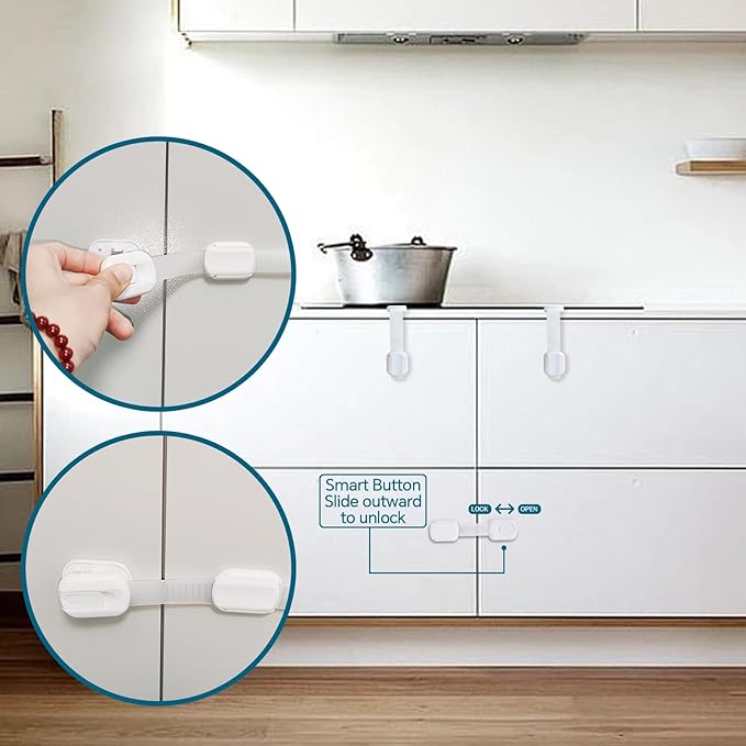 Child Safety Cabinet Locks, 8-Pack, Easy Install with 3M Adhesive, No Screws or Drilling, Multi-Purpose Latches for Cabinets, Drawers, Doors, Kitchen, Ovens, Toilets