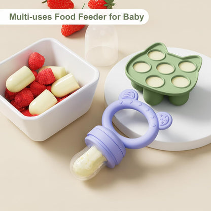WAJIAYON Baby Breastmilk Popsicle Molds & Baby Fruit Feeder (4 Pack), Infant Food Freezer Tray Storage Containers, Silicone Teething Pacifier Feeder and Teether for Babies,Boys and Girls-Pink&Purple