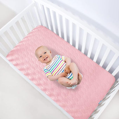 Biloban Crib Mattress Protector 2 Pack, Waterproof, Quilted, Absorbent, Noiseless, 52" x 28" Pink