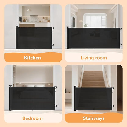 Wide Retractable Baby Gate - 34" Tall Extends to 71" Wide Mesh Safety Gate with Anti-Crawling Hook, Adjustable Baseboard Bracket, Dog Gate for Stairs, Doorways, Hallways, Black
