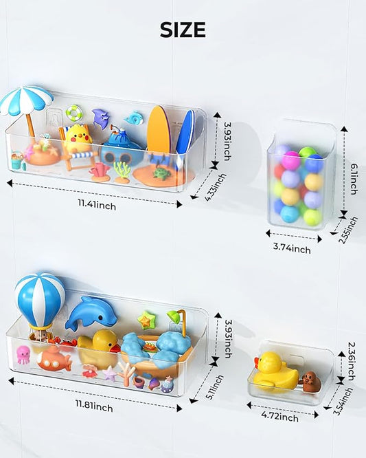 Nieifi Bath Toy Storage Holder, Bathtub Toy Storage, Large Capacity Bath Toy Organizer, Adhesive Shower Caddy for Bathroom, Clear (2 large + 1 small + 1 long)