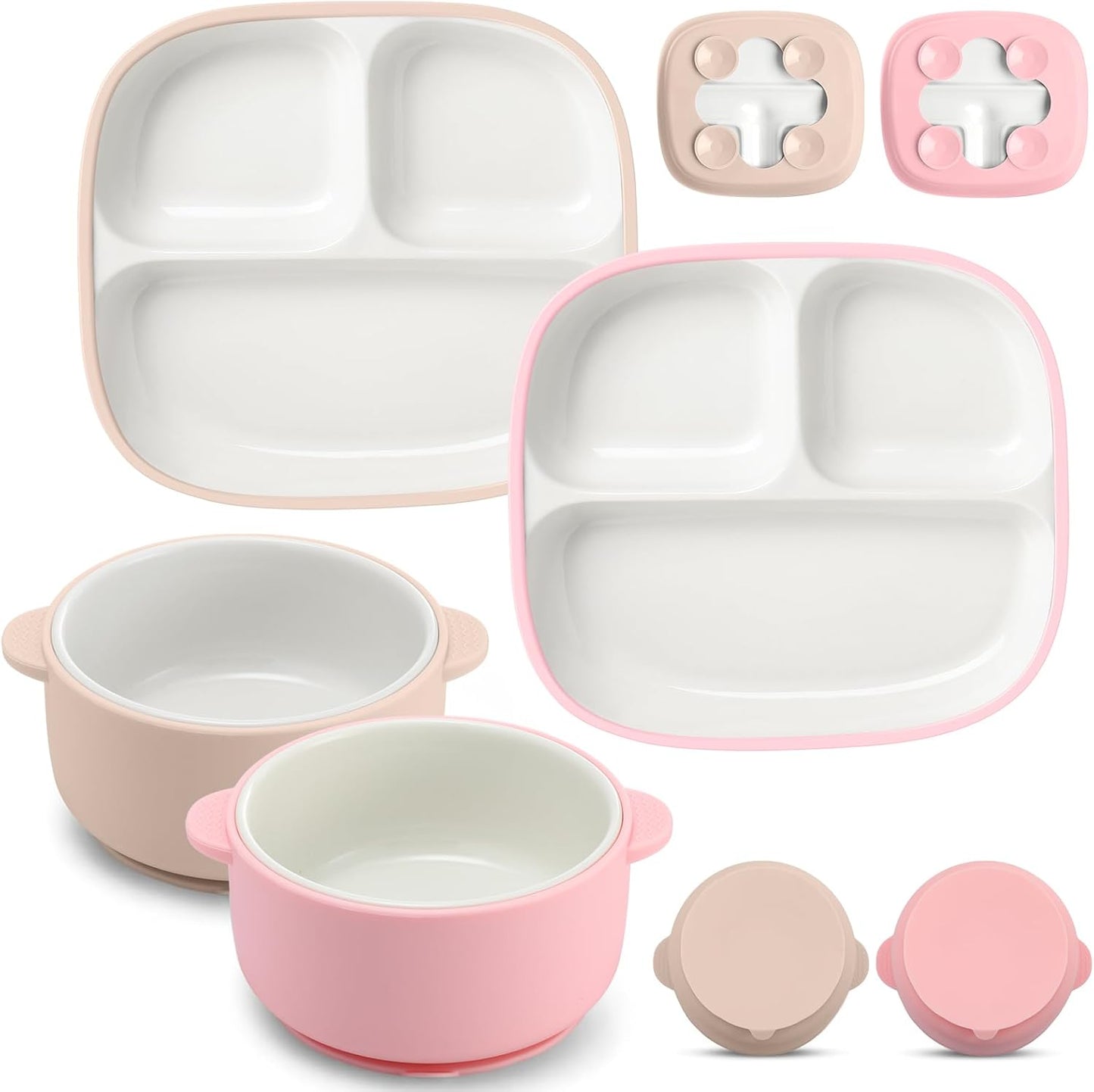 Domensi 4 Pcs Square Porcelain Kid Plate and Bowl Set with Suction, 2 Ceramic Toddler Divided Plate 2 Baby Anti Slip Silicone Sleeve Bowl for Feeding Supplies Microwave Dishwasher Safe(Blue, Green)