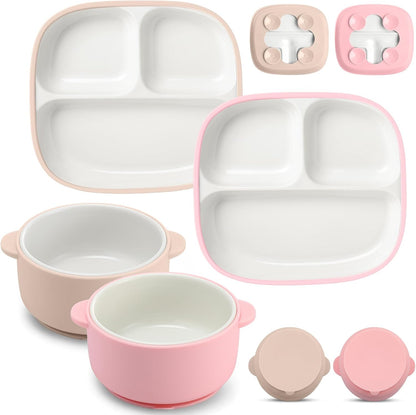 Domensi 4 Pcs Square Porcelain Kid Plate and Bowl Set with Suction, 2 Ceramic Toddler Divided Plate 2 Baby Anti Slip Silicone Sleeve Bowl for Feeding Supplies Microwave Dishwasher Safe(Blue, Green)