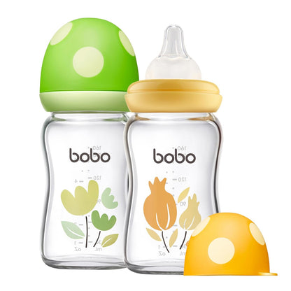 YOHKOH Natural Glass Baby Bottle with Level 1 Slow Flow Nipple, Newborn Anti-Colic Baby Bottles, Wide Neck Mushroom Baby Glass Bottle (Multicolour-A, 3.4oz (Pack of 4))