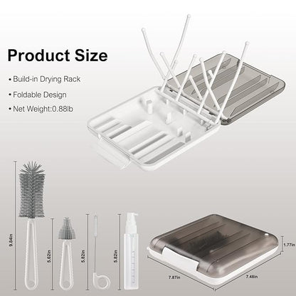 Baby Bottle Brush,6 in 1 Bottle Cleaner Set with Extendable Silicone Bottle Brush,Drying Rack,Nipple & Straw Brushes,Soap Dispenser & Organizer Case,Ideal Gifts for Babies& Moms