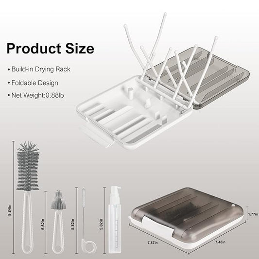 Baby Bottle Brush,6 in 1 Bottle Cleaner Set with Extendable Silicone Bottle Brush,Drying Rack,Nipple & Straw Brushes,Soap Dispenser & Organizer Case,Ideal Gifts for Babies& Moms