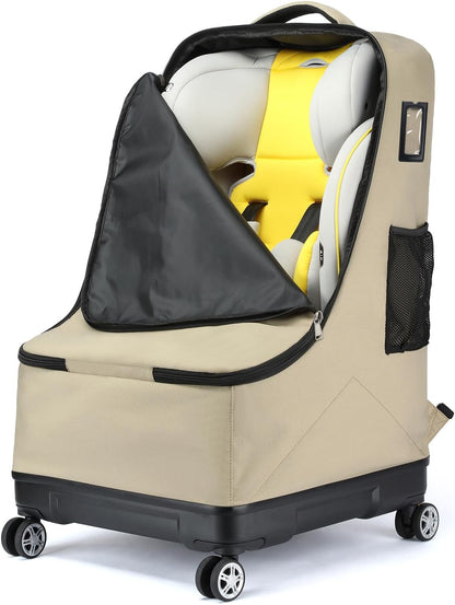 TUGUAN Car Seat Travel Bag for Airplane with Spinner Wheels, Infant Car Seat Bags for Air Travel with Hard Bottom, Padded Car Seat Backpack, Large Car Seat Storage Bag for Airport Check, Brown