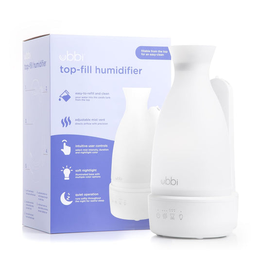 Ubbi Ultrasonic Humidifier, Easy Top-Fill Design, Adjustable Mist Control, Soft Night Light Glow and Quiet Operation for Nursery and Bedroom