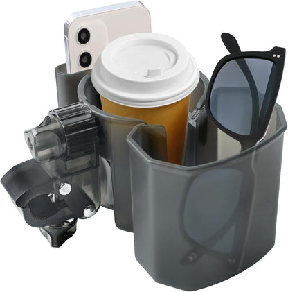 Universal Stroller Cup Holder with Phone Holder, 360° Rotatable Strong Clip, Big Storage Space for Walker, Wheelchair, Stroller, Bike