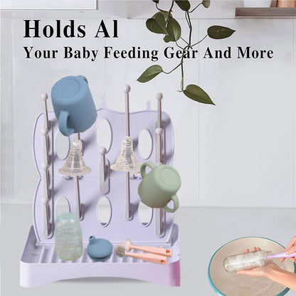Portable Bottle Drying Rack with Drain Mat, Foldable & Space Saving Drying Rack for Baby Bottles, Pump Parts,Cups,Pacifiers, and Reusable Ziplock Dryer Rack(Grey Drying Rack with Drain Mat)
