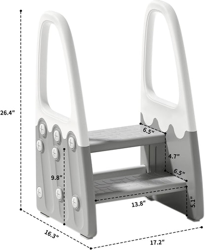 Two Step Stool with Handrails for Toddler and Kids, Standing Learning Stool Tower for Bathroom Sink, Potty Training, Children Step Up Learning Helper with Handles and Safety Non-Slip Pads(Gray)