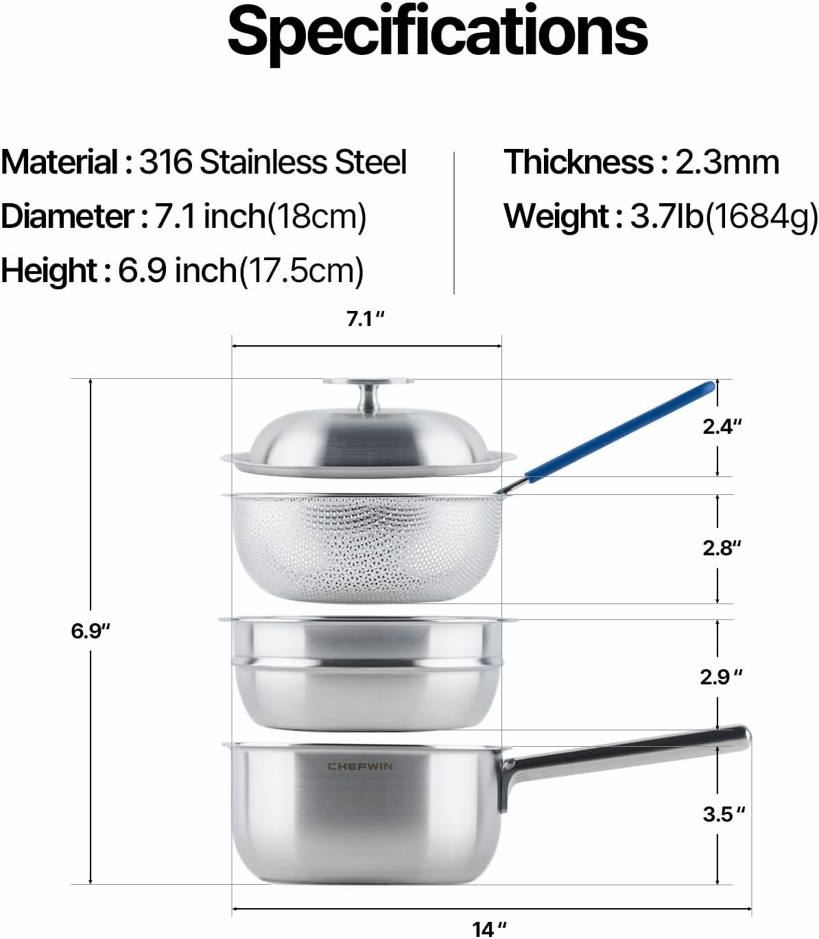 316 Stainless Steel 2.3 Quart Sauce Pan Baby Food Maker with Steamer Basket, Strainer & Lid, 3-in-1 Multi-Function Pot, 5-Ply Induction Cookware, Dishwasher & Oven Safe