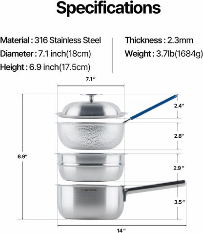 316 Stainless Steel 2.3 Quart Sauce Pan Baby Food Maker with Steamer Basket, Strainer & Lid, 3-in-1 Multi-Function Pot, 5-Ply Induction Cookware, Dishwasher & Oven Safe