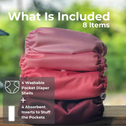 Nora's Nursery Cloth Pocket Diapers 4 Pack with 4 Inserts - Waterproof Cover, Washable, Reusable & One Size Adjustable Pocket Diapers for Newborns and Toddlers - Mama Bear
