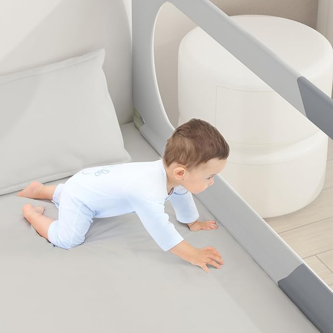 Bed Rail for Toddlers Twin, Full, Queen, King & Cal kingMattress Size | Swing Down Rail Guard | Mattress Side Rail for Kids (Gray and White, (3 Sides for Queen Size) 79.9x79.9x59.8 Inch)