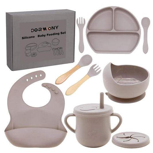 100% Silicone Baby Feeding Set, BPA Free Baby Dishes with Suction Bowl, Divided Plate, Toddler Self Feeding Dish Set with Spoons, Forks, Sippy Cup and Bib, Baby Eating Utensils (Navy Blue)