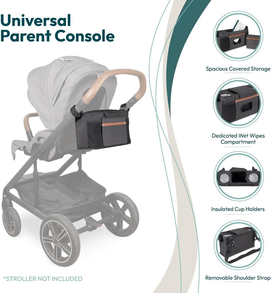 WONDERFOLD Universal Parent Console Stroller Organizer with Insulated Cup Holders, Hook & Loop Closure Handle Attachment, 2 Storage Pockets, Removable Shoulder Strap for Easy Transport