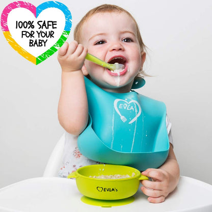 EVLA'S Baby Feeding Set, Baby Led Weaning Supplies, Adjustable Silicone Bibs, Divided Plate, Suction Bowl with Lid, Soft Spoons for Babies or Toddlers, Baby Registry must have!(Pink and Purple)