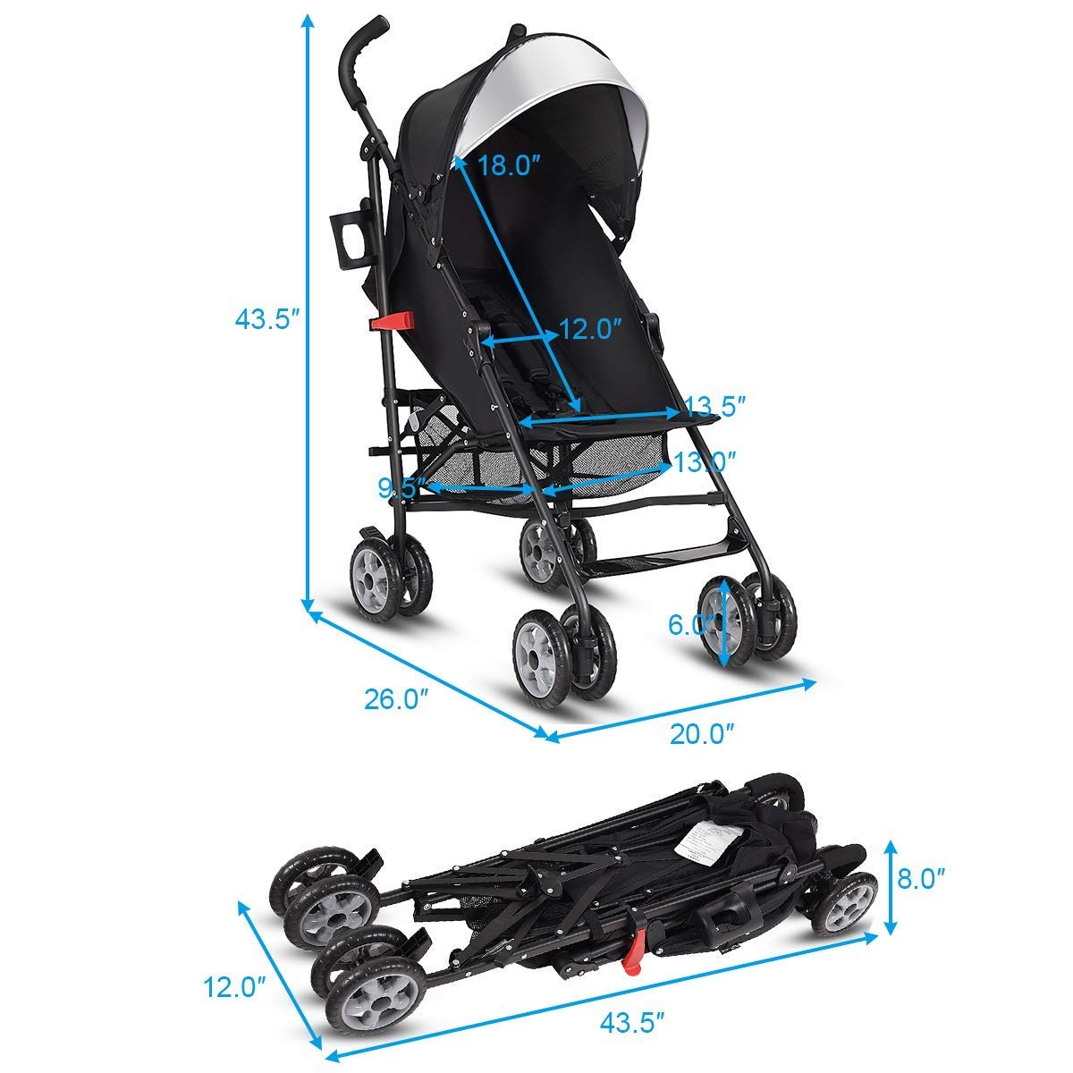 HONEY JOY Baby Lightweight Stroller, Compact Travel Stroller for Airplane, Adjustable Backrest & Canopy, 5-Point Harness, Cup Holder, Storage Basket, Foldable Umbrella Stroller for Toddlers (Black)