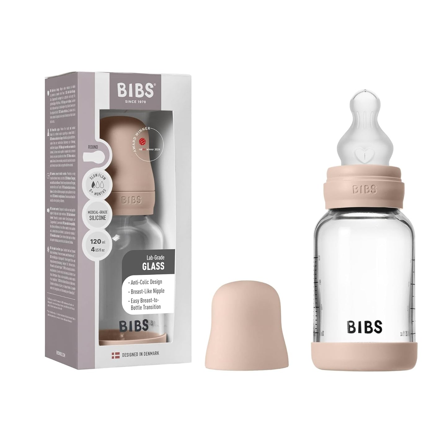 BIBS Baby Glass Bottle. 4 US fl oz / 120 ml. Anti-Colic. Vented Round Silicone Nipple. Supports Natural Breastfeeding, Slow Flow, Complete Set - Sage