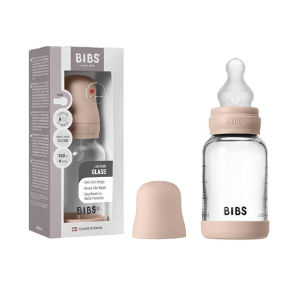 BIBS Baby Glass Bottle. 4 US fl oz / 120 ml. Anti-Colic. Vented Round Silicone Nipple. Supports Natural Breastfeeding, Slow Flow, Complete Set - Sage