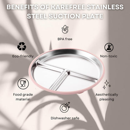 Karefree Children’s Minimalist Stainless Steel Suction Plate with Lid – 3-Section, BPA-Free, Food Grade Silicone, Easy Clean, Perfect for Toddlers & Baby Led Weaning (2, Blush Pink and Beige)