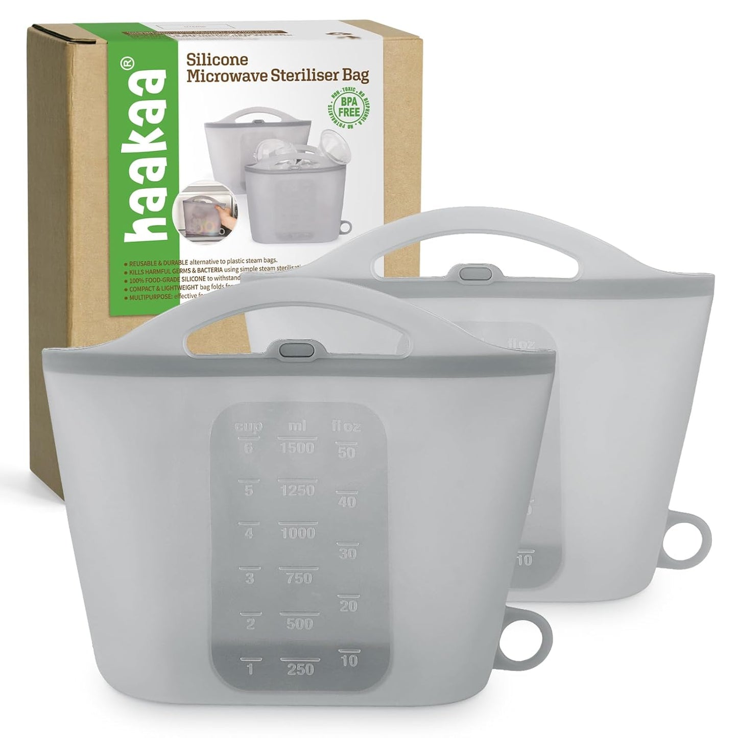 Haakaa On-The-Go Silicone Microwave Steam Sterilizer Bags for Travel, 40oz/1250ml Reusable Silicone Steaming Bags for Baby Bottles, Breast Pump, Accessories, Pacifiers, Teethers,Grey/1PC