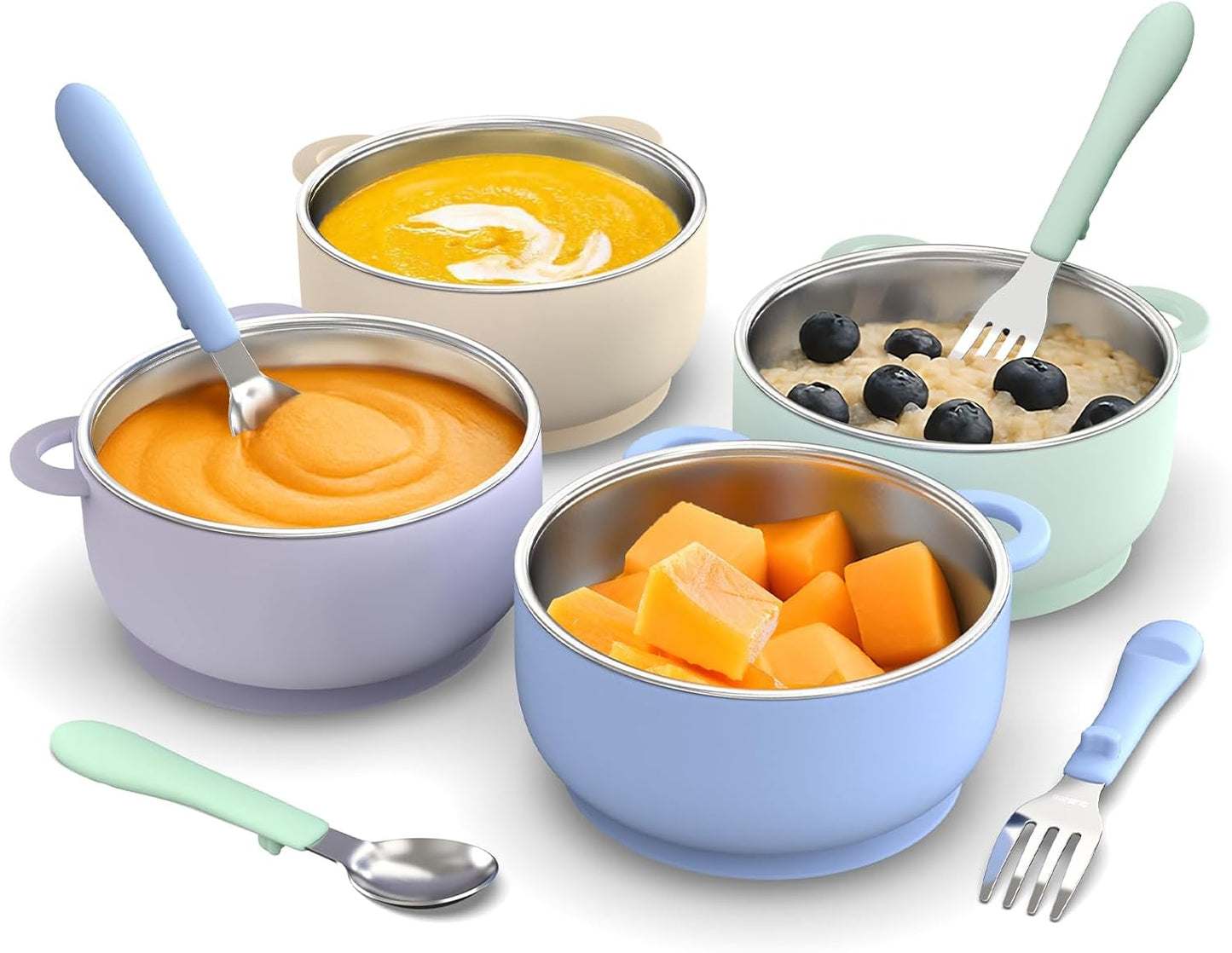 Bakpoco Toddler Bowls with suction & Utensils Set, 2-in-1 Stainless Steel 304 Kids Feeding Bowl & Silicone Suction Baby Bowl with Spoons and Forks, First Self-feeding Training Set, Organic Bloom